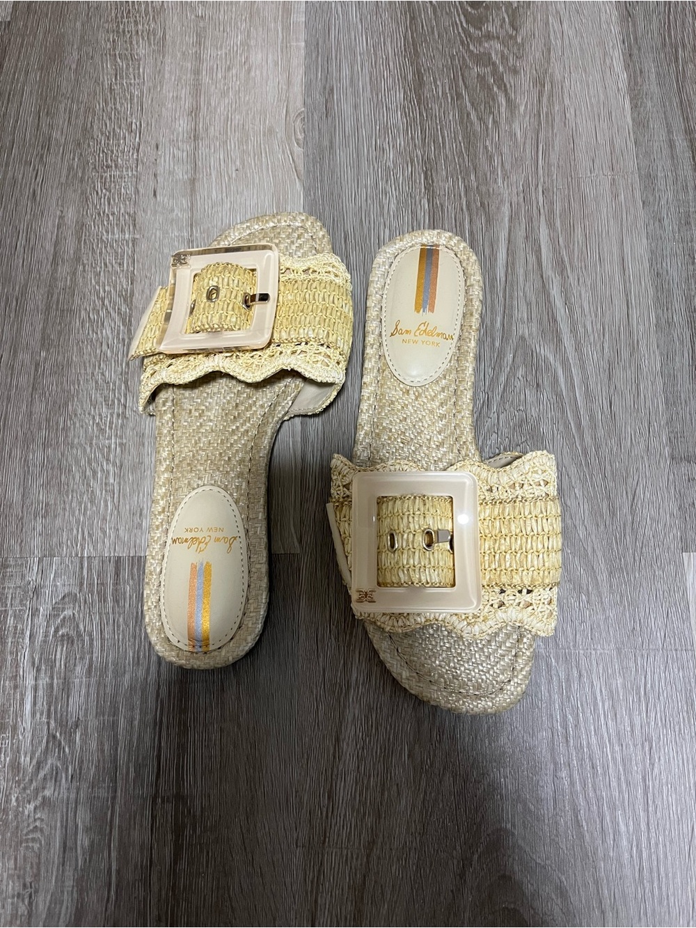 Sam Edelman Women’s Bambi Raffia Buckle Slide Sandals Linen Beige Flats Sz 5.5
